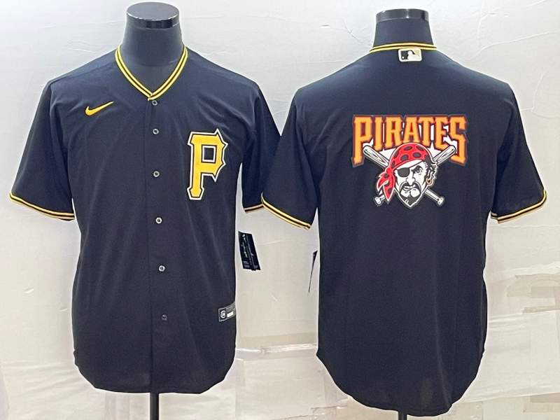 Men's Pittsburgh Pirates Black Team Big Logo Cool Base Stitched Baseball Jersey Men's Pittsburgh Pirates Black Team Big Logo Cool Base Stitched Baseball Jersey